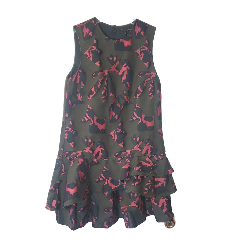 Banana Republic Green Pink Animal Print Drop Waist Ruffled Jacquard Mini Dress 0